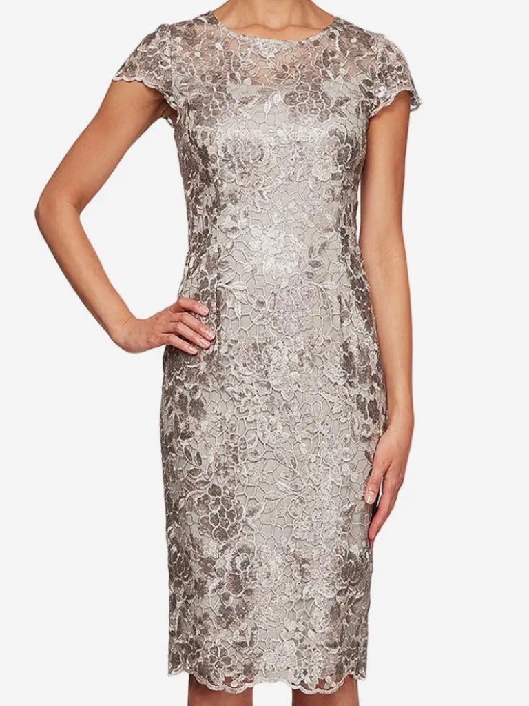 Nwt Alex Evenings Short Cap Sleeve Sequin Embroidered Sheath Dress Taupe